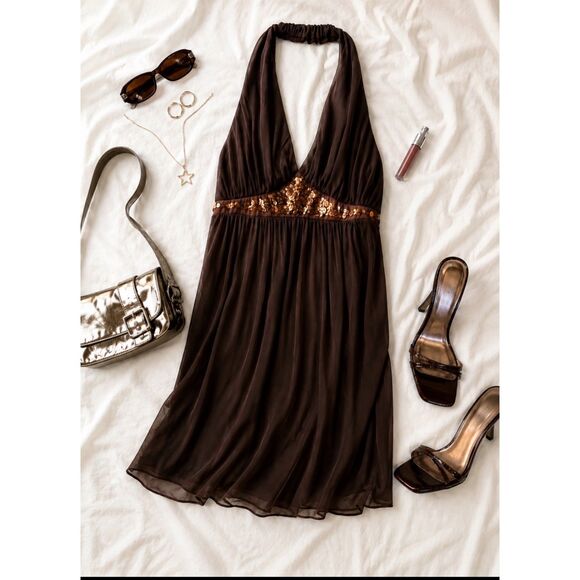 Source Unknown Dresses & Skirts - Y2K Flowy Babydoll Brown Sequin Halter Mini Dress 2000s Going Out Club Dress
